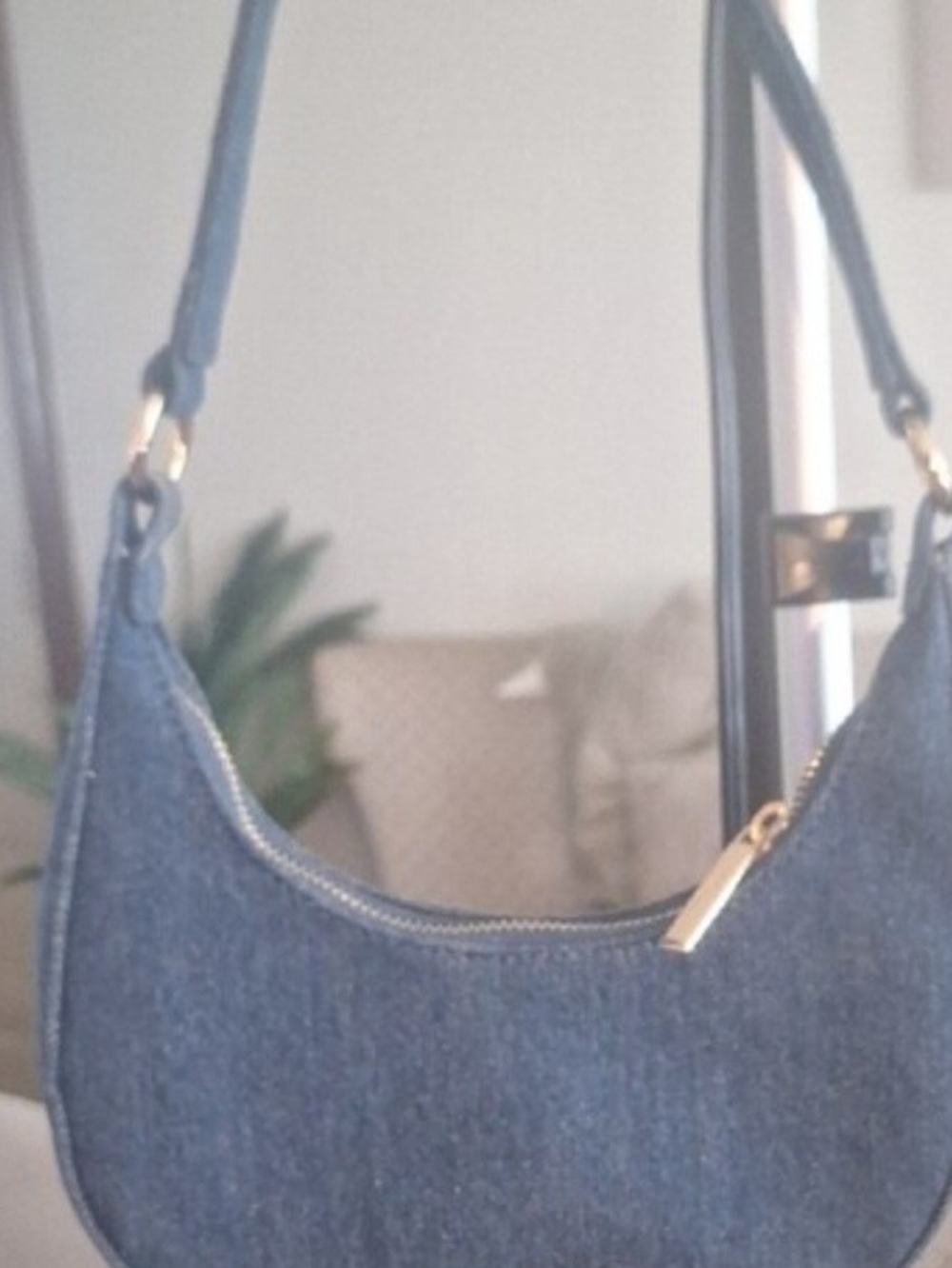 Woven Crescent Shoulder Bag in Blue Denim - Picture 2 of 3